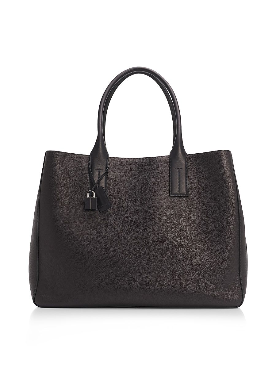 Men's Soft Grain Leather T-Line East-West Tote - Black