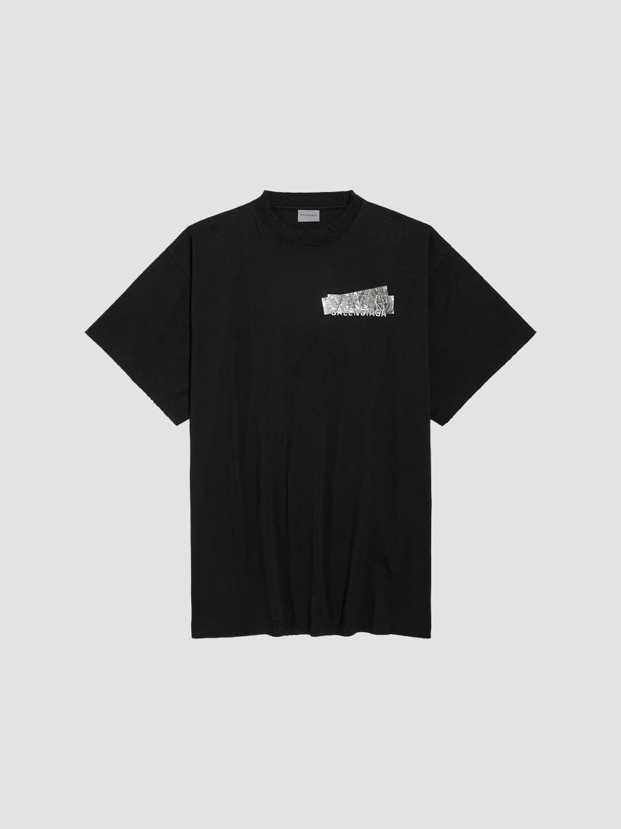 Balenciaga Men's Silver Tape Oversized T-Shirt - Black - Size XS