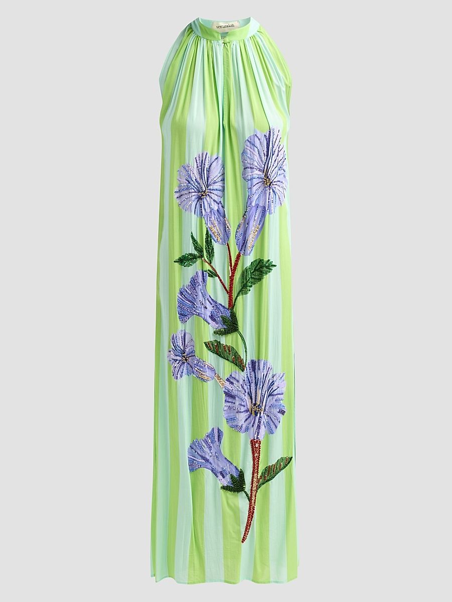 Women's Ammama Hand-Beaded Floral Maxi Dress - Aqua Neelgiri And Stripes - Size Medium