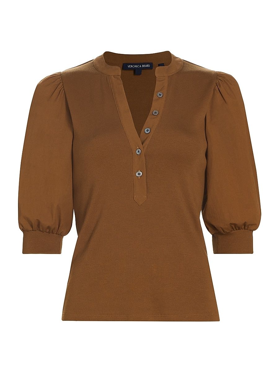 Women's Coralee Ribbed Puff-Sleeve Top - Ochre - Size Small