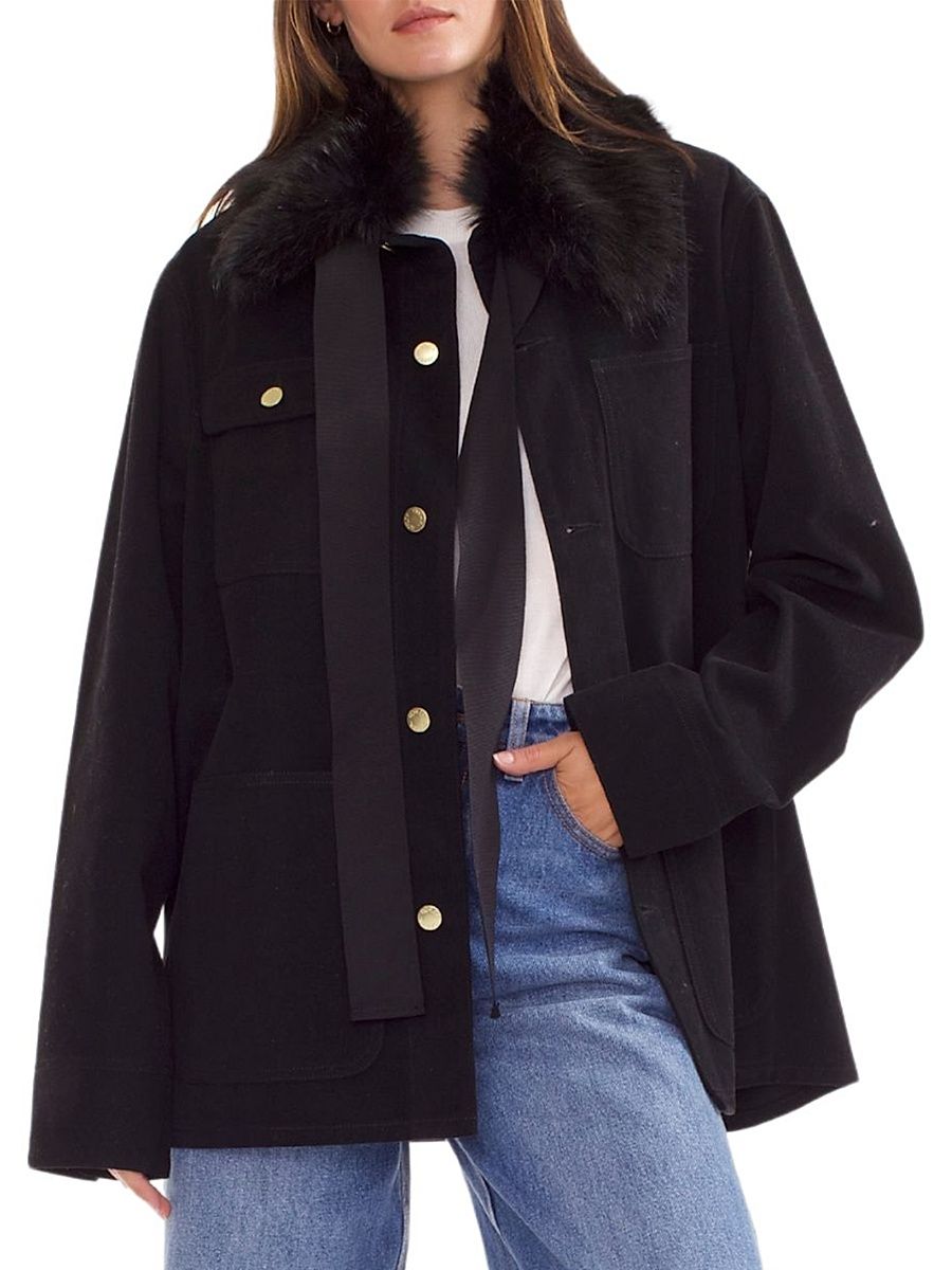 Women's Removable Faux Fur Collar Cotton Twill Jacket - Black - Size Medium