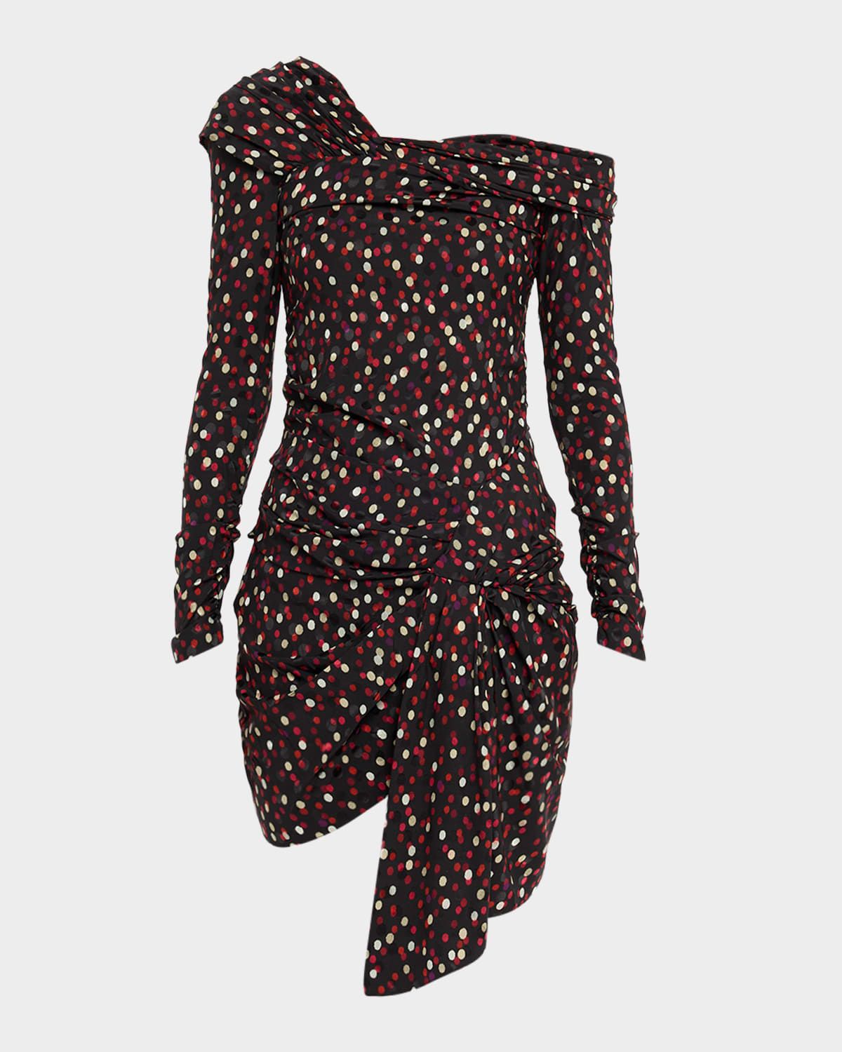 Off-The-Shoulder Polka-Dot Jacquard Long-Sleeve Mini Dress