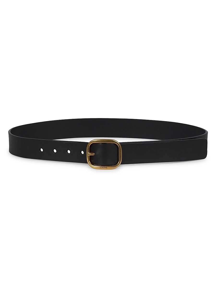 Women's Rounded Square Buckle Leather Belt - Black Gold - Size Medium