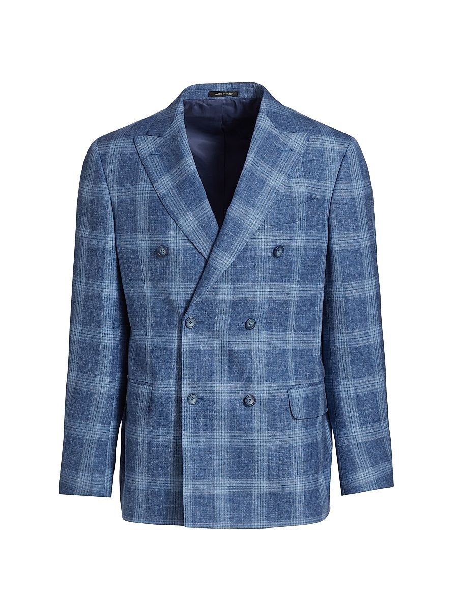 Men's COLLECTION Plaid Wool-Blend Double-Breasted Sport Coat - Navy - Size 46