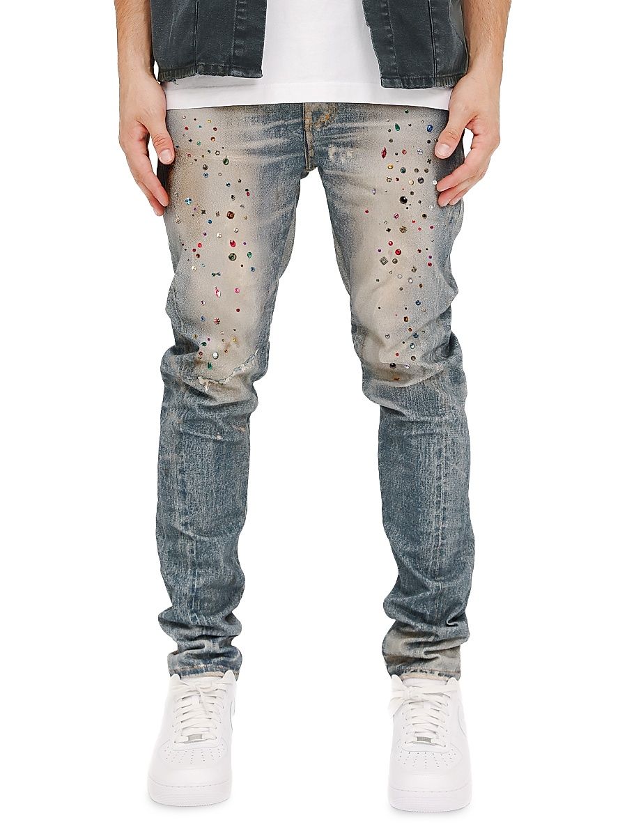 Men's Embellished Distressed Denim Skinny Jeans - Light Indigo - Size 36