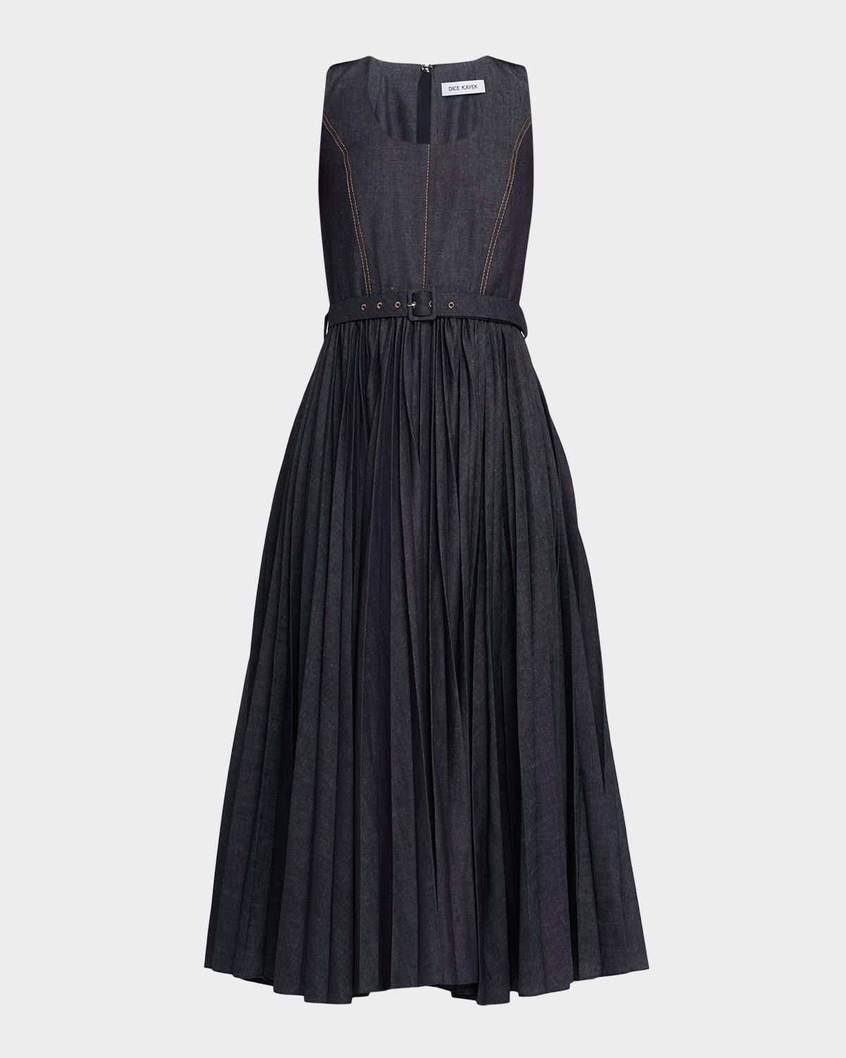 Sleeveless Pleated Denim Midi Dress With Belt