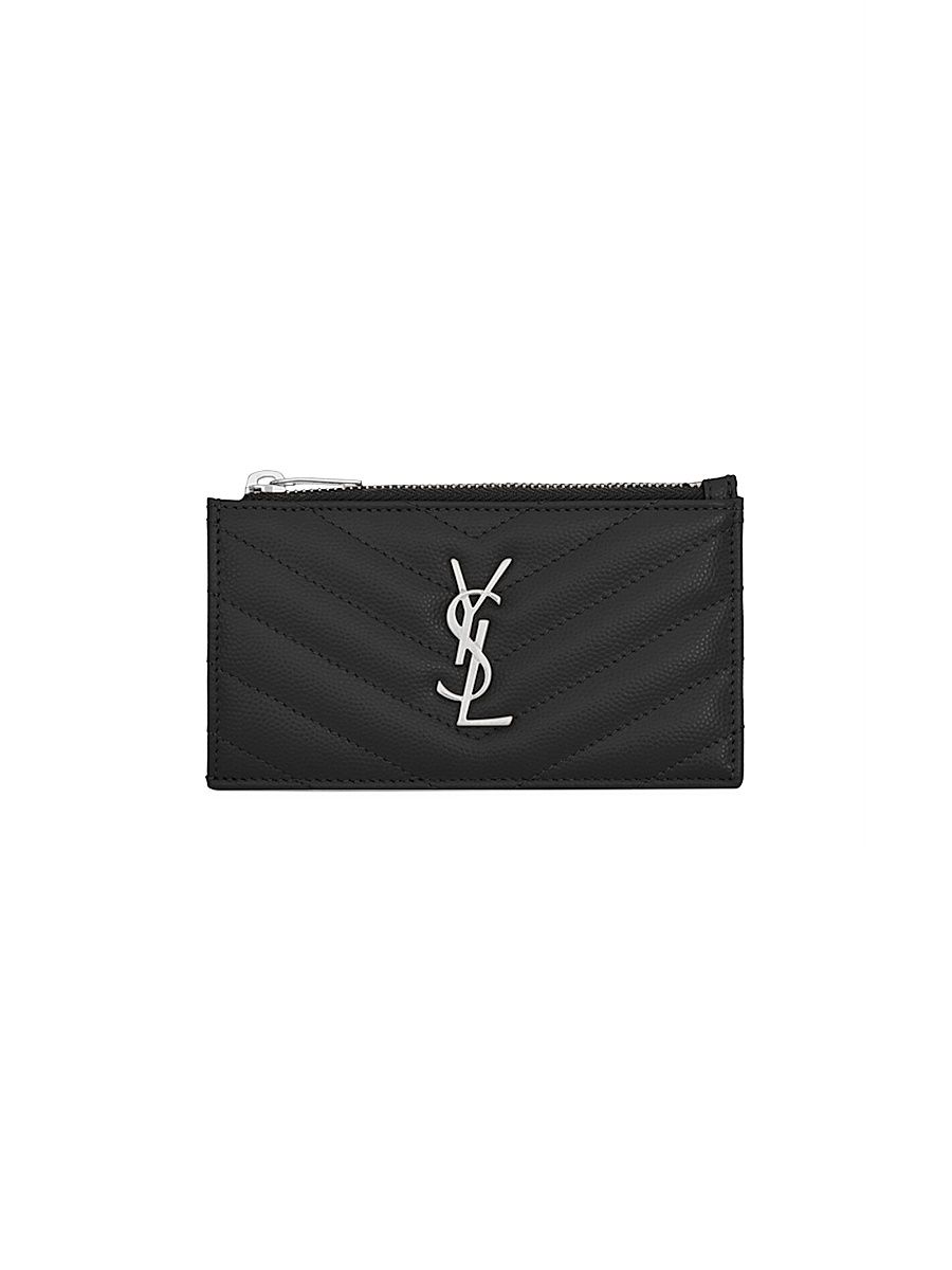 Women's Cassandre Saint Laurent Matelass Zipped Fragments Card Case in Grain de Poudre Embossed Leather - Nero