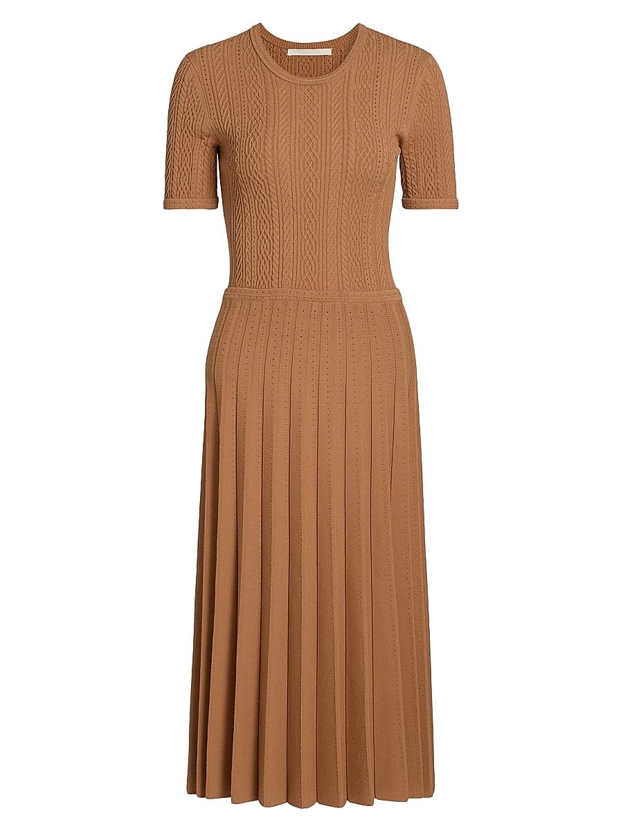 Women's Cable Knit Pleated Midi-Dress - Camel - Size Medium