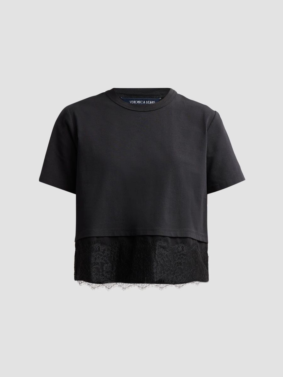 Veronica Beard Women's Indira Mixed-Media Lace-Hem Top - Black - Size XS