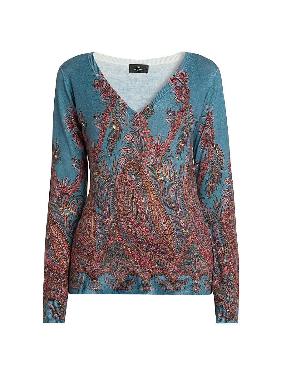 Women's Paisley Cashmere-Silk Sweater - Printed Blue Base - Size 10