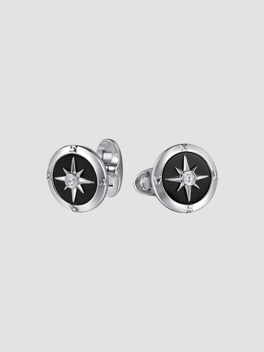 Gabriel & Co Men's Polaris Sterling Silver, Black Onyx & 0.09 TCW Diamond Compass Cufflinks - Silver