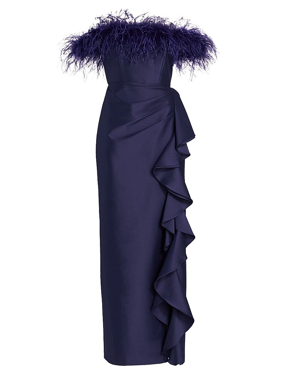 Women's Feather-Embellished Off-The-Shoulder Gown - Navy - Size 10