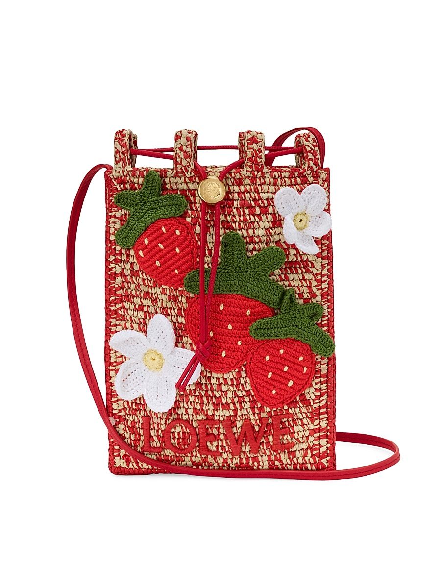 Women's LOEWE x Paula's Ibiza Strawberry-Appliqué Raffia Drawstring Pouch - Multicolor Red
