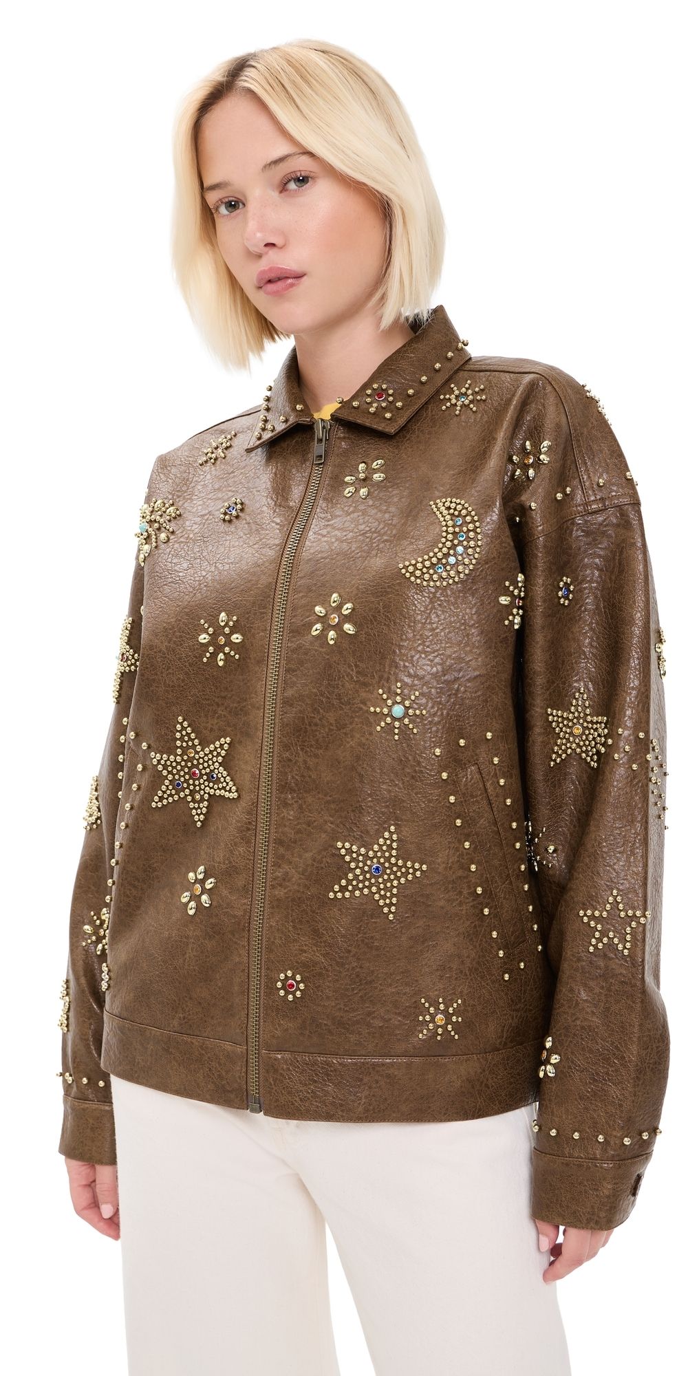 MOTHER The Zip It Faux Leather Jacket Brown And Cream L