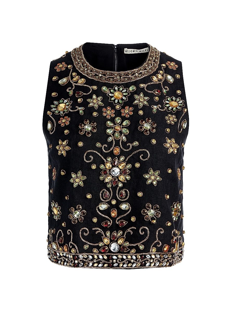 Women's Amal Embellished Linen Boxy Sleeveless Top - Black Multi - Size XL