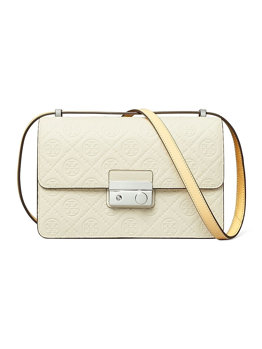 Women's T Monogram Pebbled Leather Shoulder Bag - Warm White