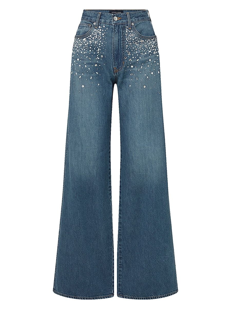 Women's Kasey Crystal-Embellished Wide-Leg Jeans - Dark Blue - Size 29