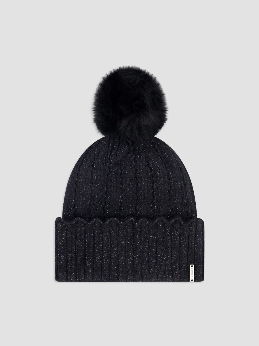 Gorski Women's Knit Beanie Hat with Merinillo Shearling Lamb Pompom - Black