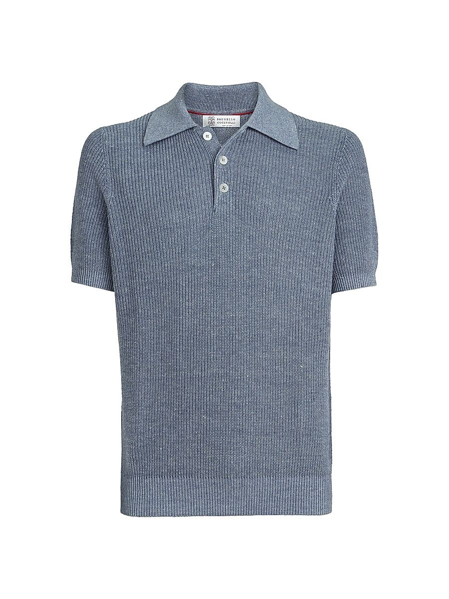 Men's Linen And Cotton Half English Rib Knit Polo Shirt - Slate - Size 48