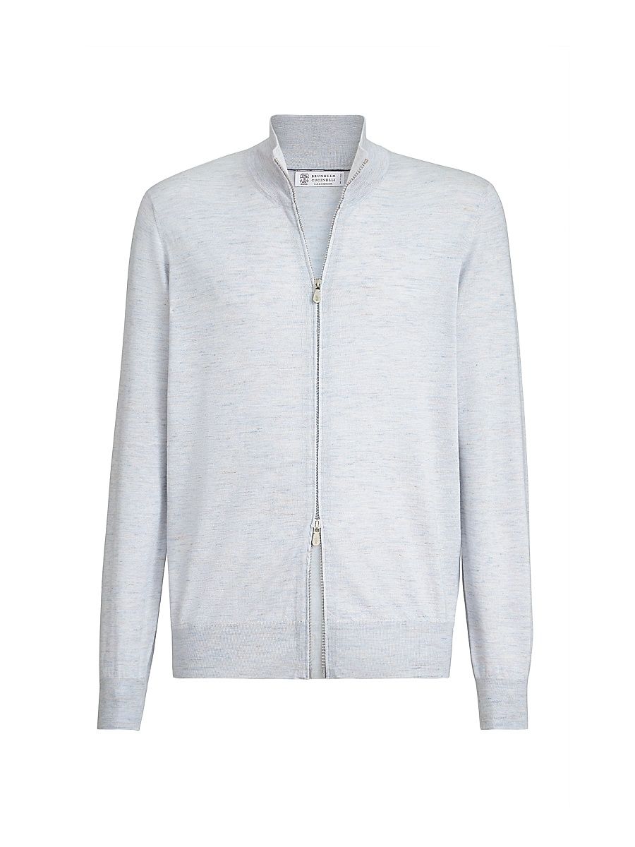 Men's Lightweight Cashmere, Silk and Linen Cardigan with Zipper - Pale Blue - Size 36