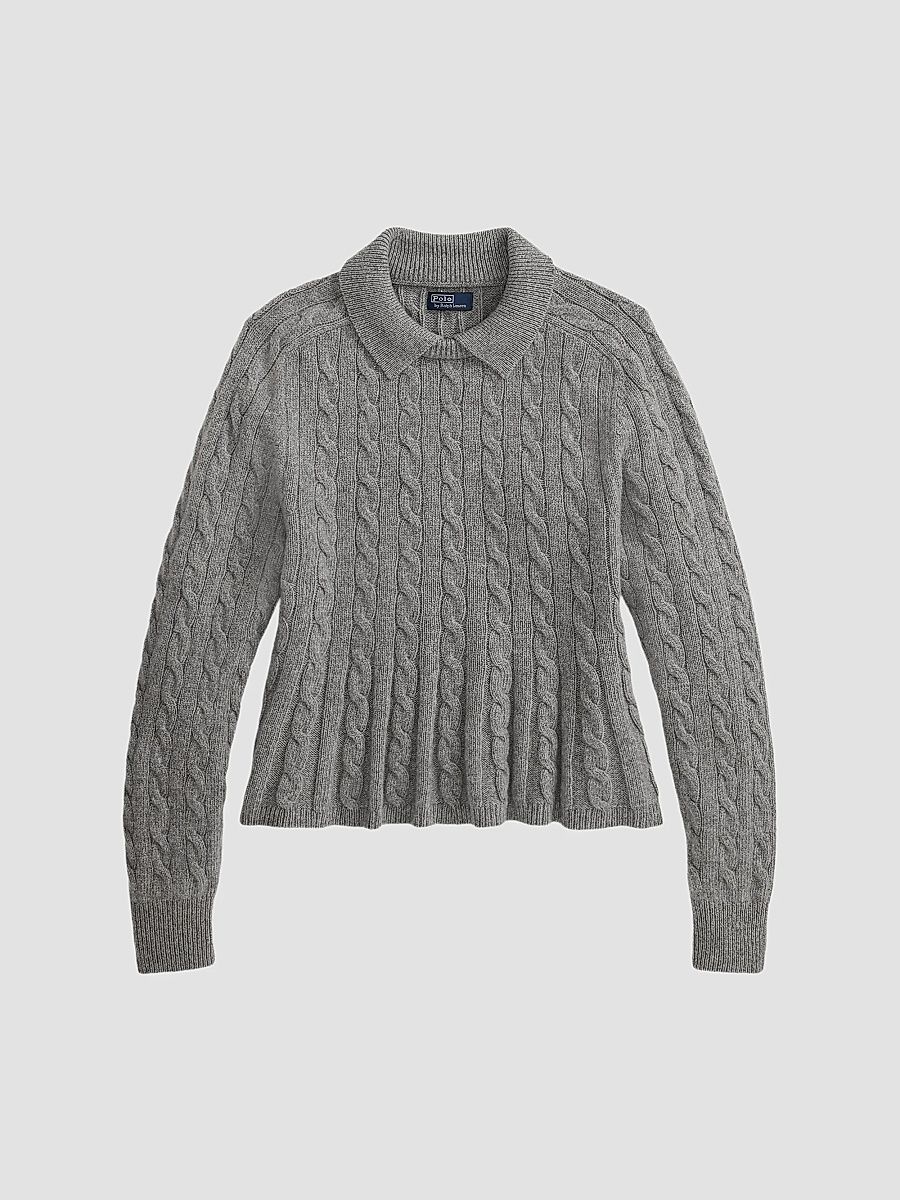 Polo Ralph Lauren Women's Cable Wool-Cashmere Peplum Sweater - Outpost Gray - Size XS