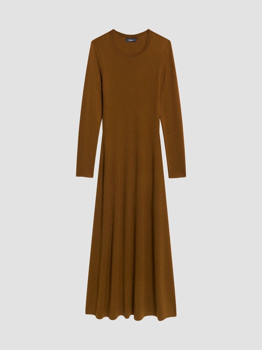 Theory Women's Merino Wool Crewneck Midi Dress - Acacia Brown - Size XL