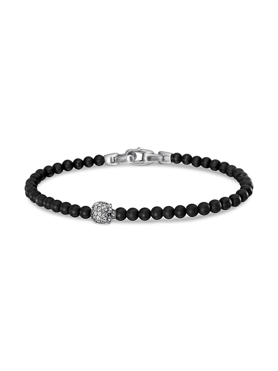 Men's Memento Mori Skull Station Bracelet in Sterling Silver - Tigers Eye - Size Medium