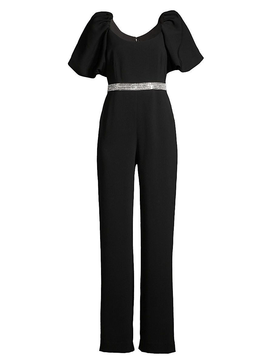 Women's Crystal-Embellished Puff-Sleeve Jumpsuit - Jet - Size 2