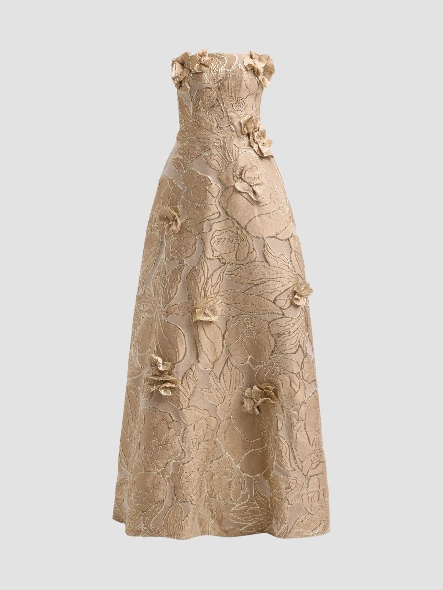 Rene Ruiz Collection Women's Floral Appliqué Jacquard Fit-&-Flare Gown - Gold - Size 14