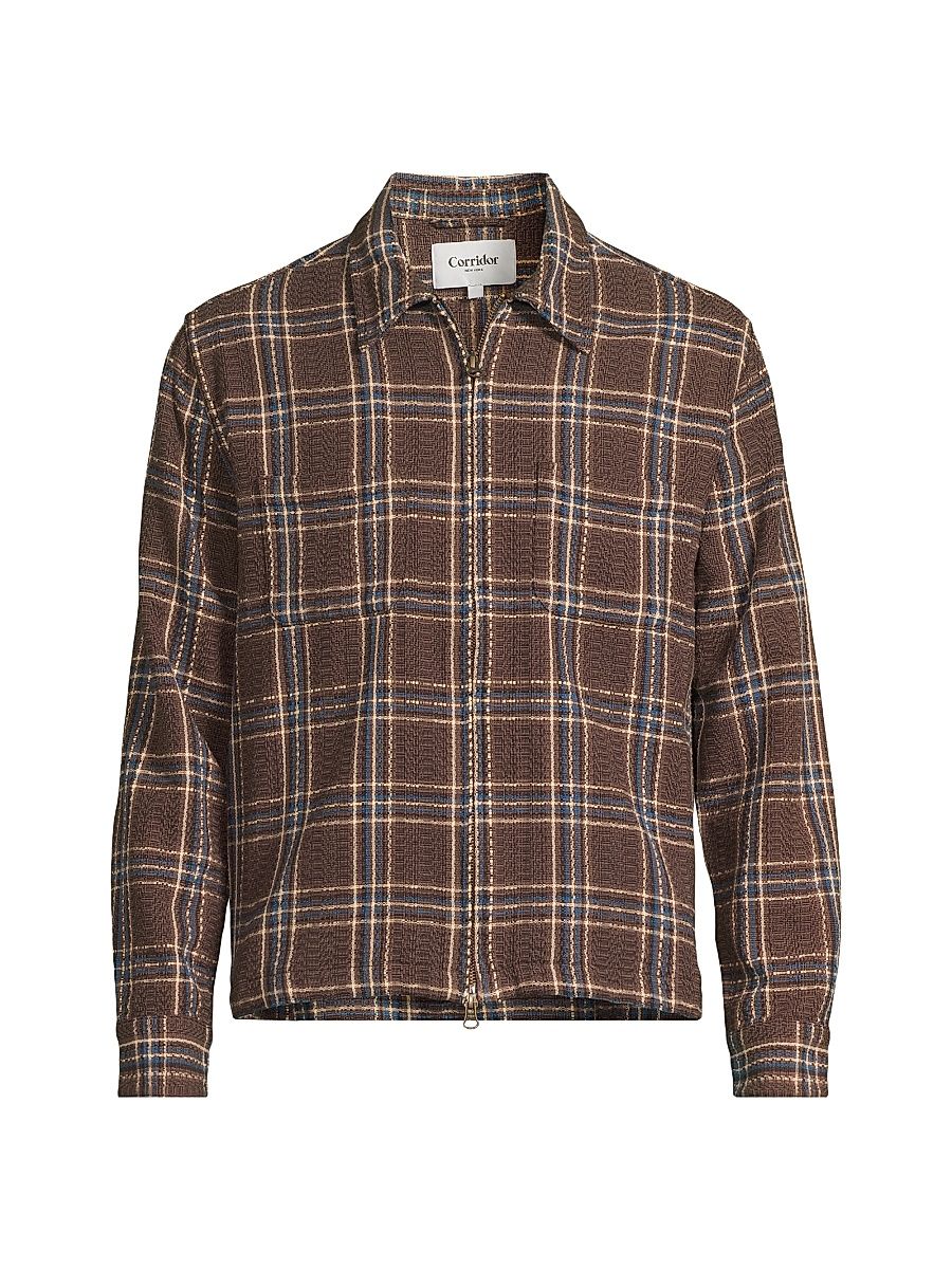 Men's Venice Plaid Zip-Front Shirt - Brown - Size Large