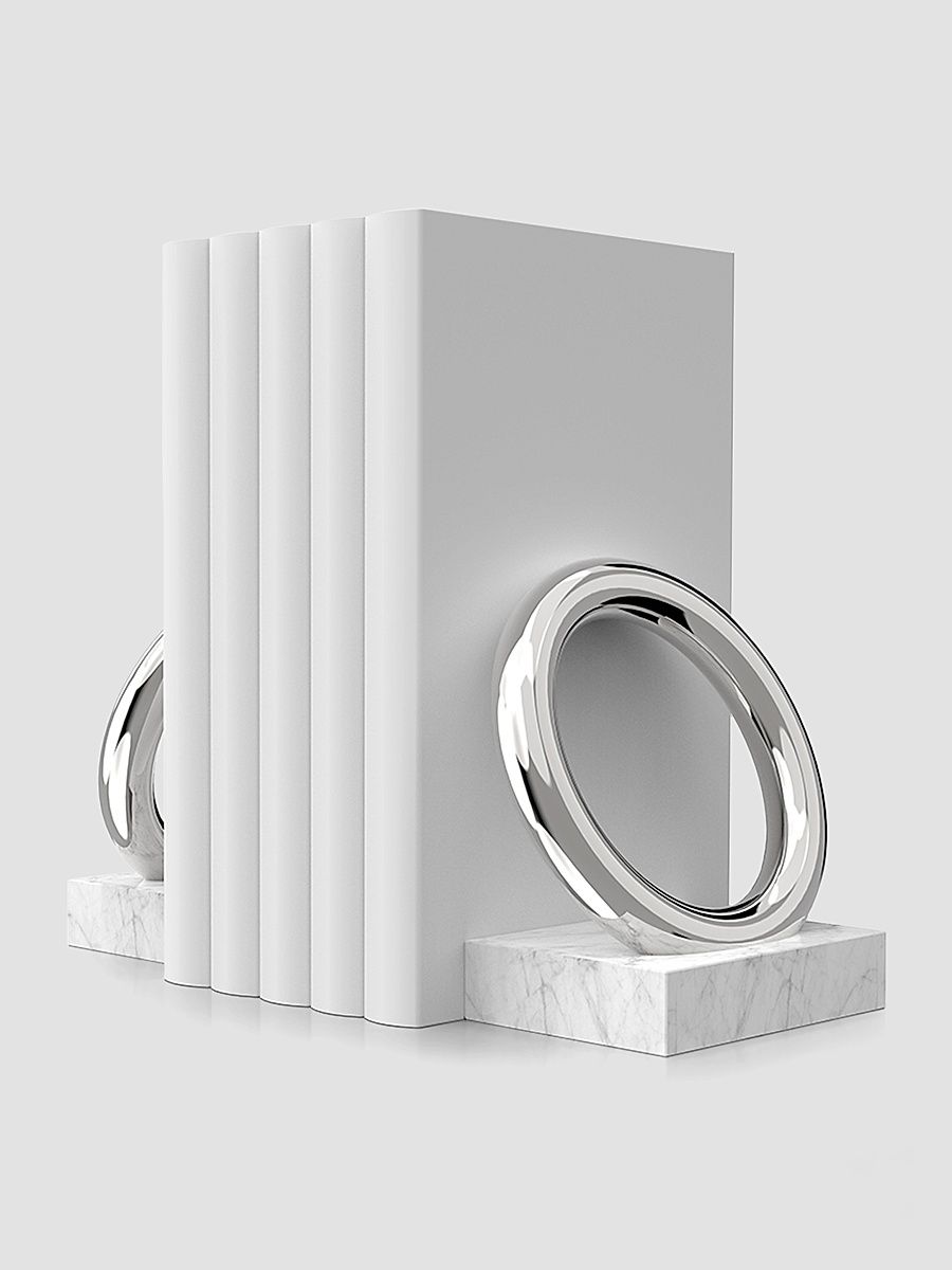 Ring Marble & Stainless Steel Bookends - White Silver