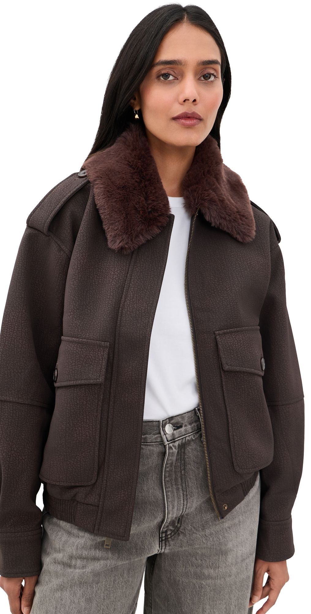 Good American The Better Than Leather Faux Leather Bomber Jacket Espresso S