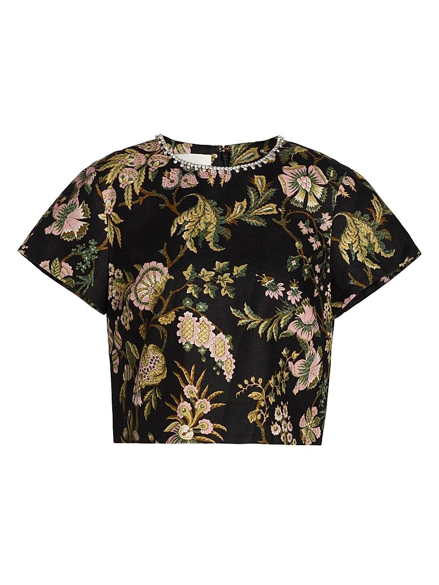 Women's Hudson Floral Embellished Linen Crop Top - Clover Black - Size XL