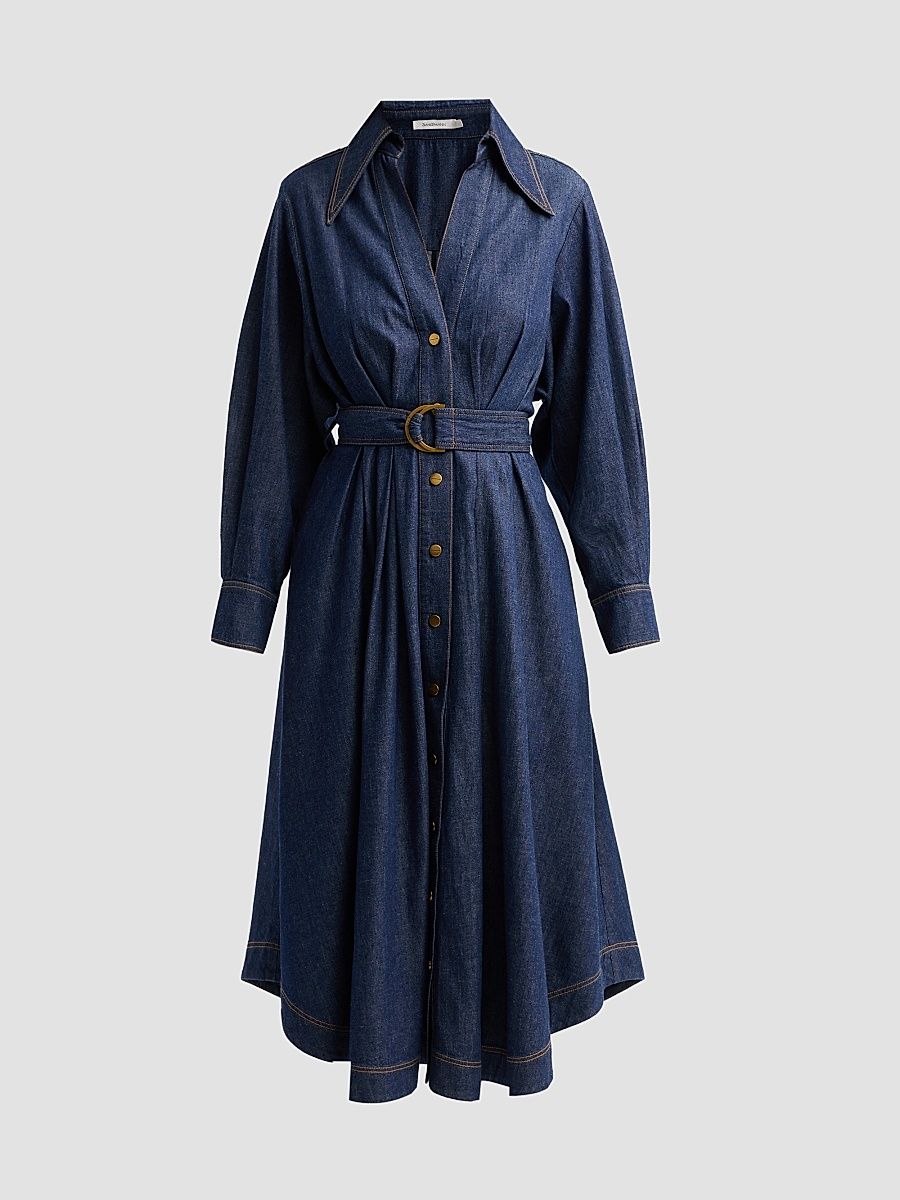 Women's Denim Belted Midi Shirtdress - Harbour Blue - Size 2
