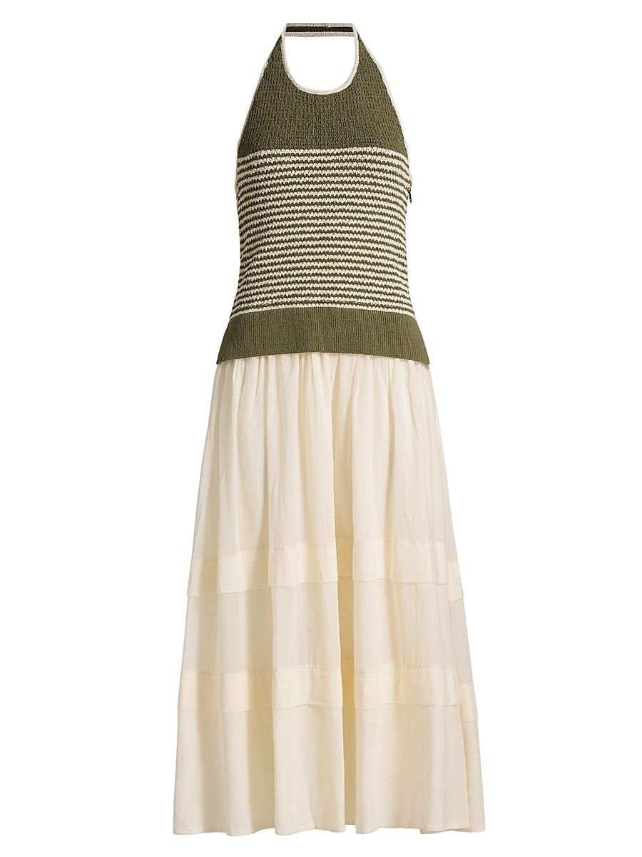 Women's Miller Mixed-Media Halterneck Dress - Fern Multi Ivory - Size Large
