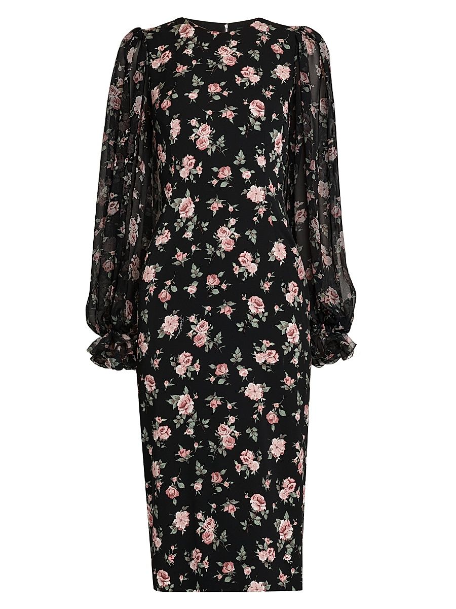 Women's Floral Silk-Blend Midi-Dress - Rose Vintage F Nero - Size 12