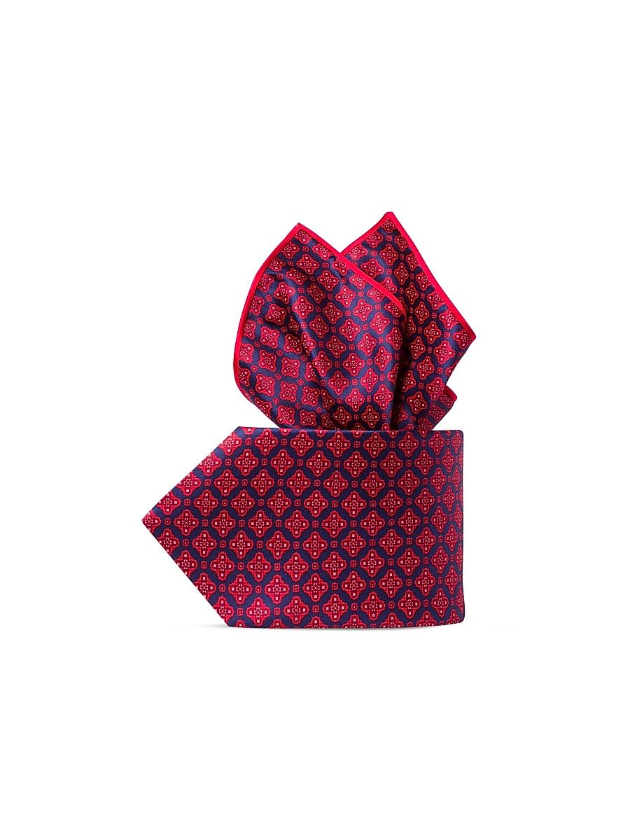 Men's Luxury Printed Silk Tie Set - Red Navy