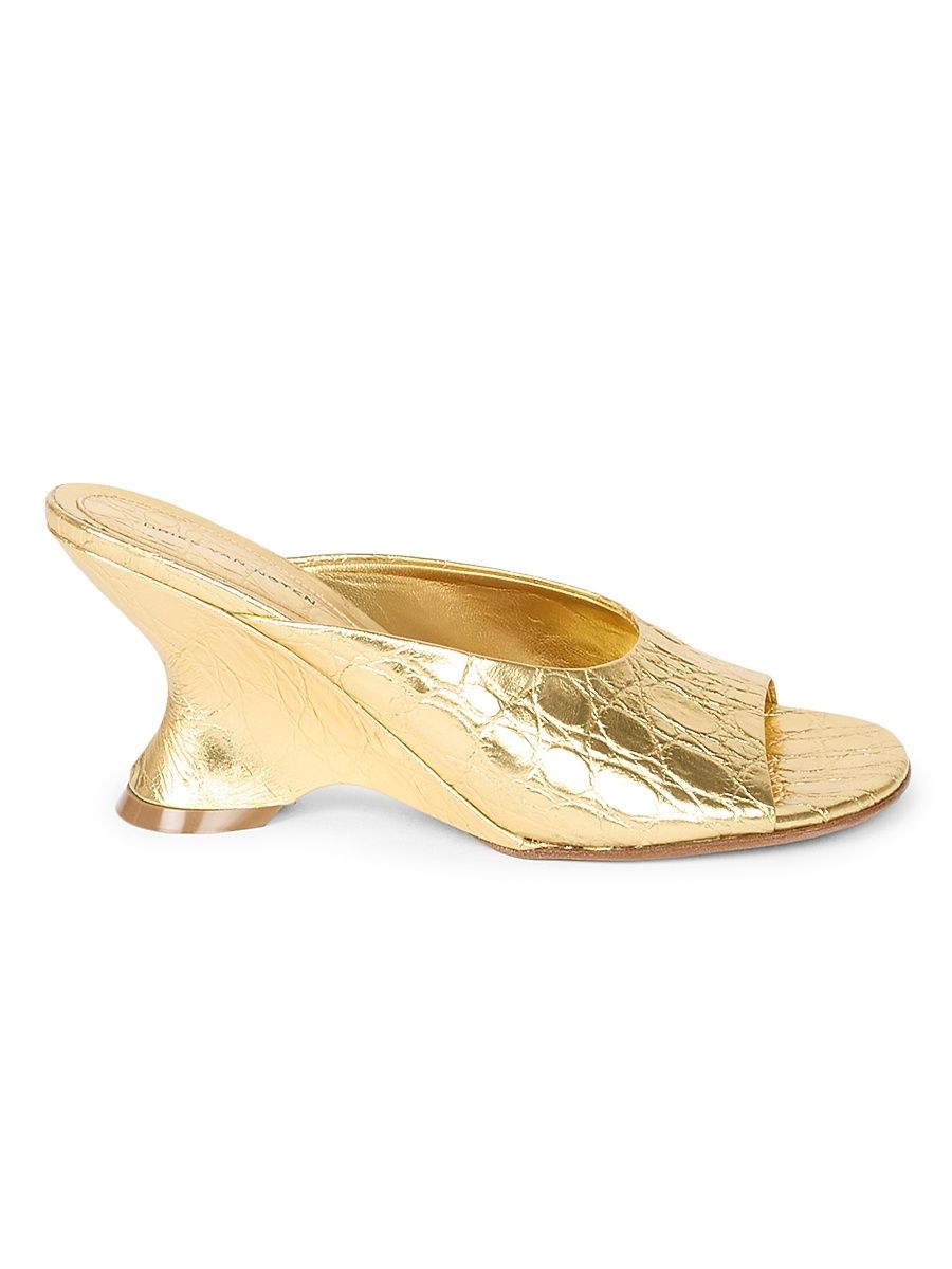 Women's 75MM Croc-Embossed Metallic Leather Wedge Mules - Gold - Size 11