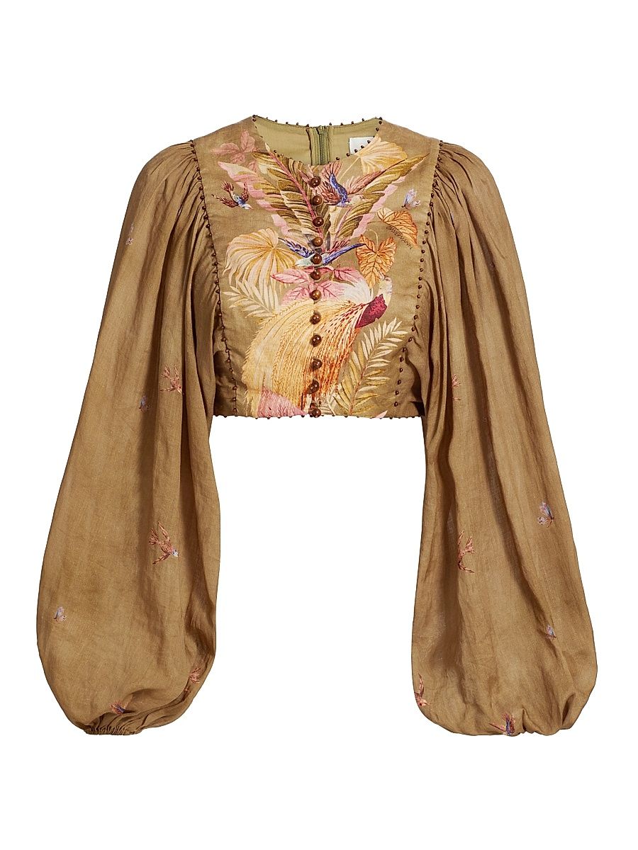 Women's Ascension Printed Beaded Crop Top - Khaki Palm Floral - Size 4