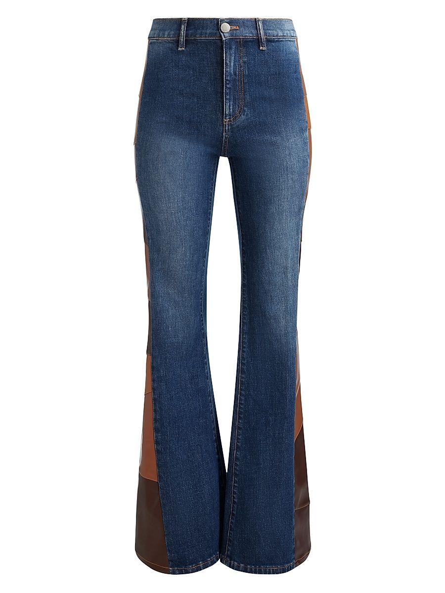 Women's Faux Leather Patchwork High-Rise Flare Jeans - Darby Vintage Blue Dark Choc - Size 31