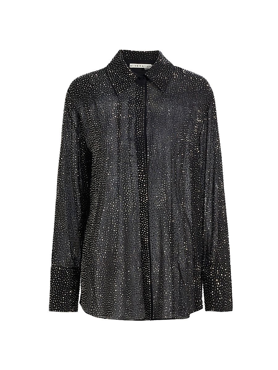 Women's Finely Embellished Semi-Sheer Oversized Shirt - Black - Size Large