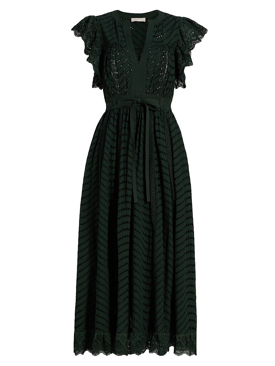 Women's Olga Embroidered Cotton Flutter-Sleeve Midi-Dress - Cypress - Size 4