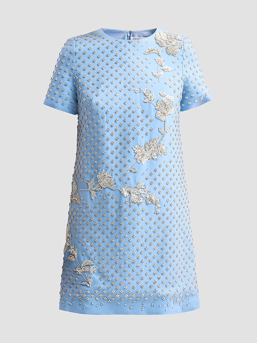 Women's Crystal-Embellished Wool-Blend Shift Mini Dress - Talc Blue - Size 10