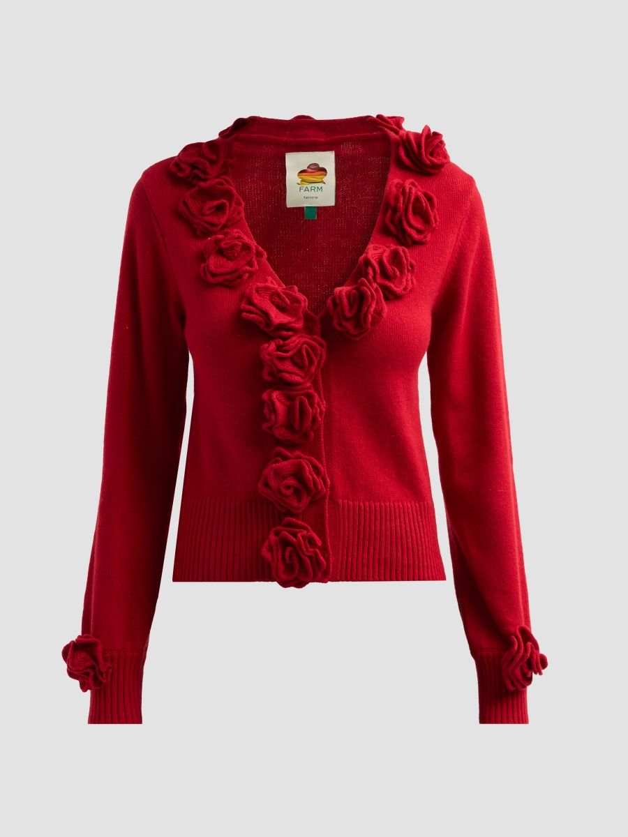 Farm Rio Women's 3D Floral Cardigan - Dark Pink - Size Large