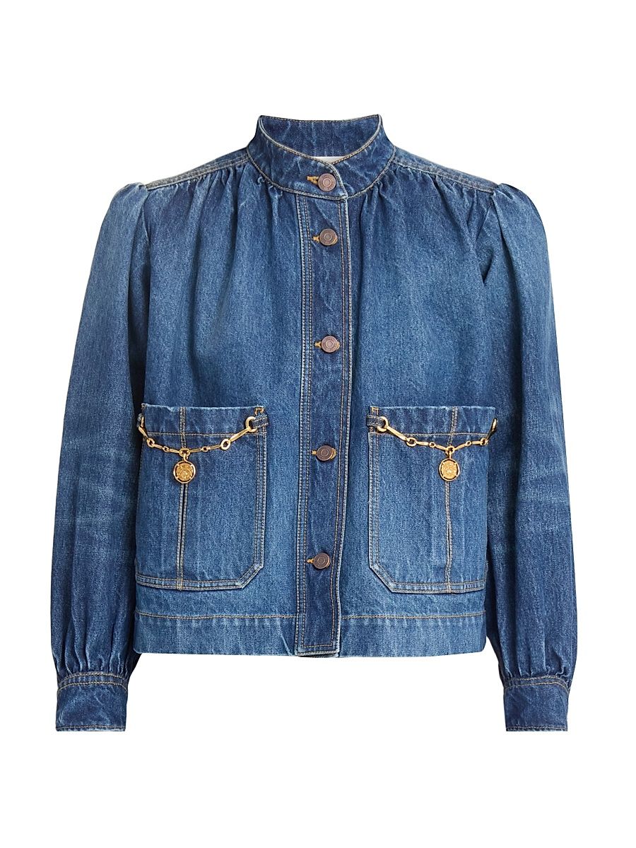 Women's Chain Denim Shirred Jacket - Faded Indigo - Size 10