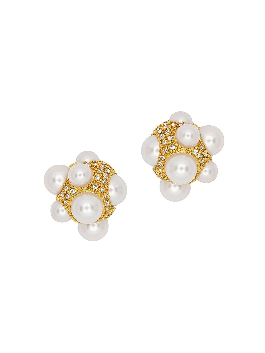 Women's 24K-Gold-Plated Brass, Glass Crystal & Imitation Pearl Pavé Cluster Stud Earrings - Pearl
