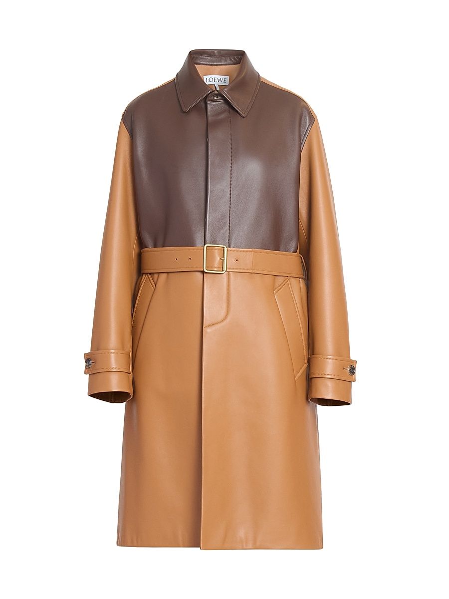 Women's Colorblocked Leather Belted Coat - Tan - Size 10