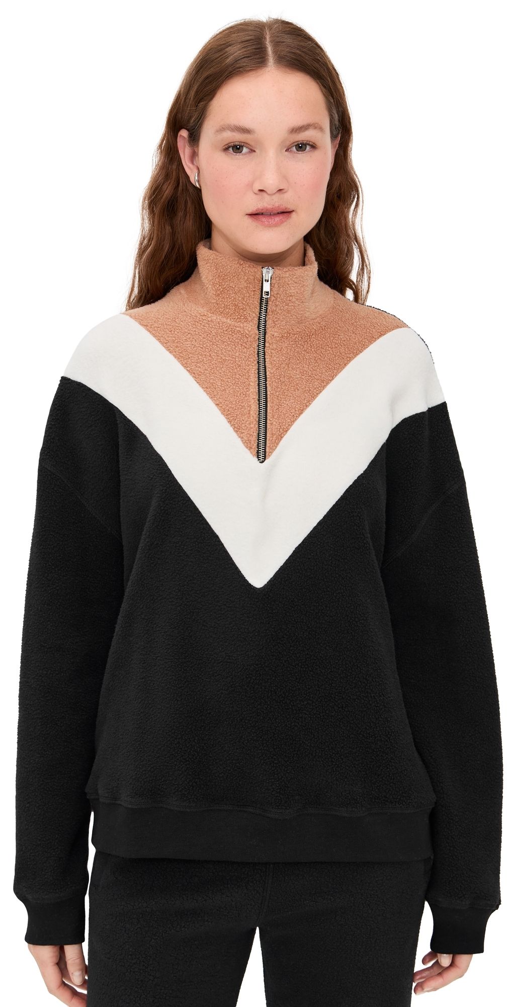 THE GREAT. The Colorblock Plush Chalet Sweatshirt Almost Black 1