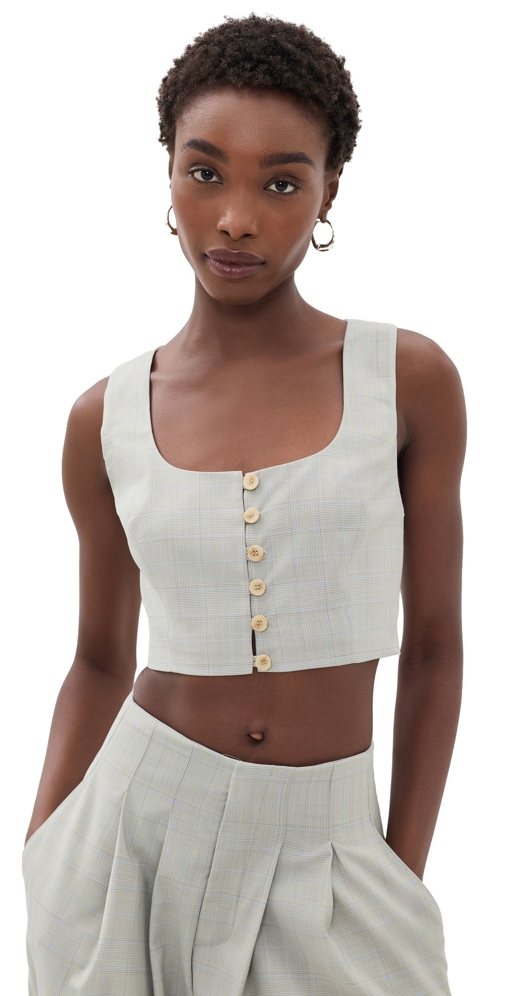 L'AGENCE Arwen Cropped Vest Ivory/Tan/Blue Plaid XS