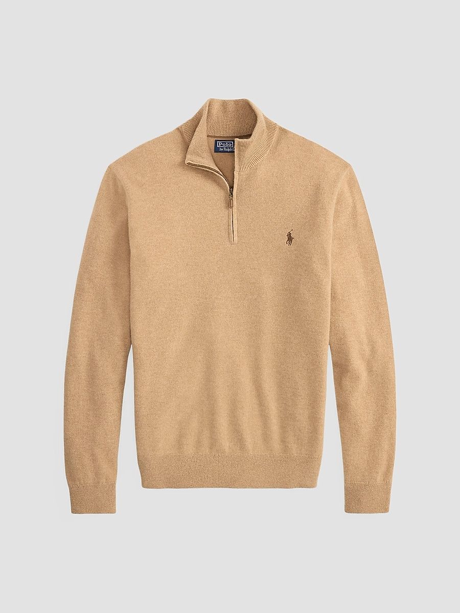 Men's Cashmere Quarter-Zip Sweater - Camel Melange - Size Large